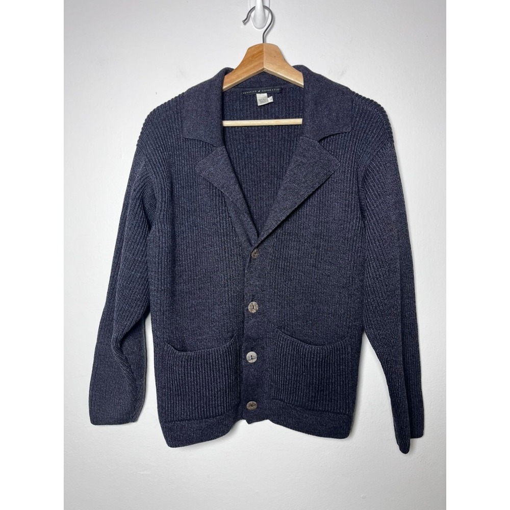 Peruvian Connection 100% Wool Sweater Blazer Ribbed Knit Blue size large